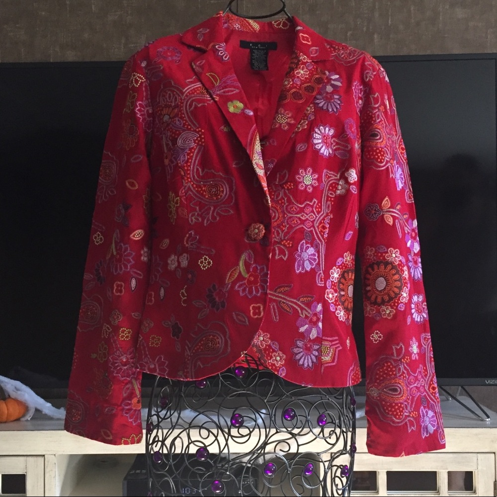 ECI New York Embroidered Silk Red Blazer Sz 4